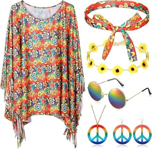 Hippie Kostüm Damen Set, Karneval Kostüm Damen Hippie, Disco Outfit 60er 70er 80er 90er Jahre Hippie Accessoires,Kleidung Poncho, Stirnband,Ohrringe Halskette Friedenszeichen Party Fasching Zubehörset von Deosiy