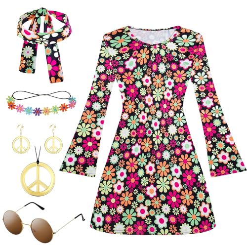 Hippie Kostüm Damen Set mit Hippie Accessoires, Retro Damen Hippie, 60er 70er Jahre Bekleidung Damen, Kleidung Disco Outfit, Schlager Outfit Damen für Mottoparty Cosplay Karneval (L) von Deosiy