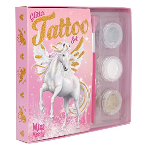 Depesche 12032 Miss Melody - Glitzer Tattoo Set für Kinder mit 38 Klebetattoos, 1 Pinsel und 3 Glitzer-Puder in Silber, Weiß und Gold von Depesche