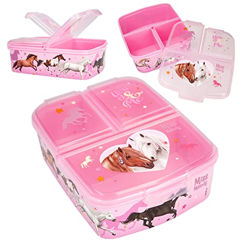 Depesche 12038 Miss Melody Wild Horses - Brotdose in Rosa mit 3 Fächern und separaten Klapp-Verschlüssen, Lunchbox mit Pferde-Motiv und Sternen von Depesche