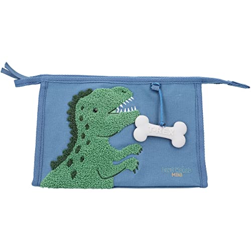 Depesche 12309 Dino World Dino Mini - Waschtasche in Blau, mit Dino-Motiv aus Frotteestoff und Knochen-Anhänger, Kulturbeutel mit Reißverschluss und Aufhänger von Depesche