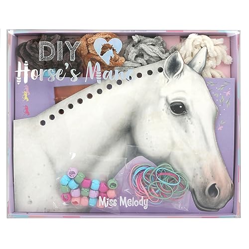 Depesche 12484 Miss Melody - Pferde Mähne flechten DIY-Set, inkl. 8 Kartonagen in Pferdekopf-Form, 4 Wollfäden sowie bunten Gummibändern und Clips, Schwarz von Depesche