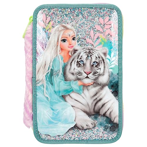 Depesche 12494 TOPModel Fantasy Tiger - Gefüllte 3-Fach Federtasche mit Fellapplikation und Glitzer, Federmäppchen mit Buntstiften, Schere, Lineal uvm. von Depesche