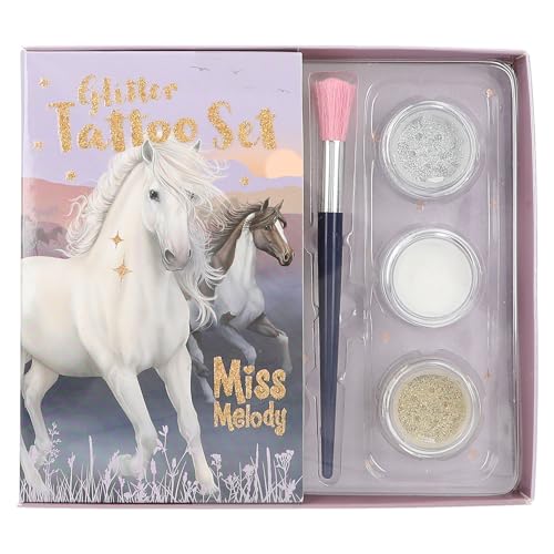 Depesche 12657 Miss Melody Night Horses - Glitzer Tattoo Set für Kinder mit 41 Klebetattoos, 1 Pinsel und 3 Glitzer-Puder in Silber, Weiß und Gold von Depesche