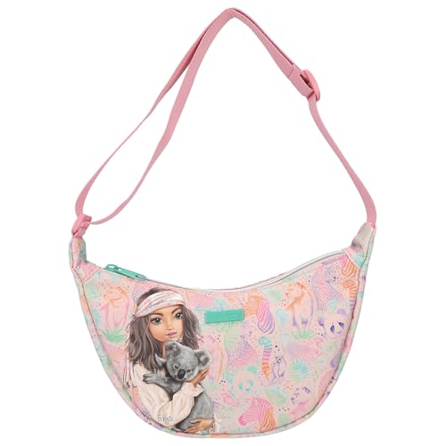 Depesche 12793 TOPModel Wild - Kleine Halbmond Umhängetasche in Rosa, mit Model Motiv und buntem Tier Muster, Tasche mit verstellbarem Schultergurt von Depesche