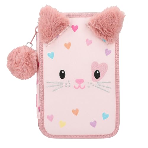 Depesche 12803 Princess Mimi Kitty Love - Gefüllte 2-Fach Federtasche mit Katzen-Gesicht, Rosa Federmappe mit Buntstiften, Lineal, Schere uvm. von Depesche