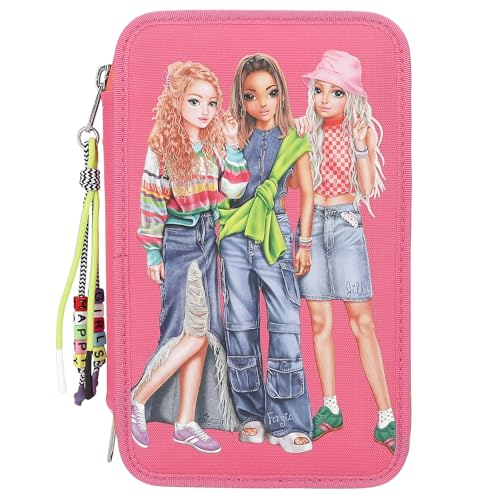 Depesche 12910 TOPModel Joy - Gefüllte 3-Fach Federtasche in Pink, mit Model Motiv und Anhänger, Federmappe mit Buntstiften, Lineal, Schere uvm. von Depesche