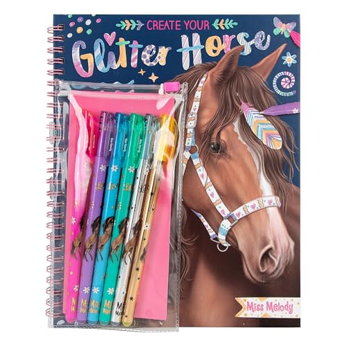 Depesche 12931 Miss Melody Create your Glitter Horses - Malbuch mit 30 Seiten zum Gestalten von Pferde-Motiven, inkl. 6 glitzernden Gelstiften von Depesche