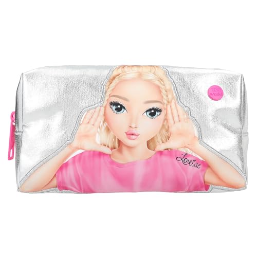 Depesche 12937 TOPModel Beauty and Me - Kosmetiktasche in Silber, mit Glanz-Effekt und Model Motiv, Waschtasche mit Reißverschluss und weichen Herzen in Rosa, Pink und Orange von Depesche