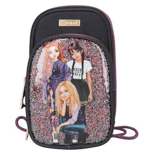 Depesche 13022 TOPModel Rebel Kitty - Handytasche zum Umhängen in Schwarz und Lila, mit Model-Motiv, Katzen und Glitzer, Smartphonetasche mit Reißverschluss von Depesche