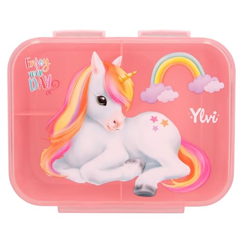 Depesche 13031 Ylvi Color Cloud-Brotdose in Pink, mit Einhorn Motiv und Regenbogen, Lunchbox mit 3 Fächern und transparentem Deckel, Mehrfarbig von Depesche