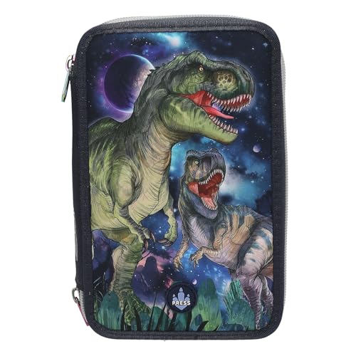 Depesche 13131 Dino World Galaxy - Gefüllte 3-Fach Federtasche, mit Dinosaurier Motiv und LED-Lichtern, Federmappe mit Buntstiften, Lineal, Schere UVM. von Depesche