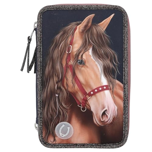 Depesche 13190 Miss Melody Glitter Horse-Gefüllte 3-Fach Federtasche in Dunkelblau, mit Pferde Motiv, Glitzer und LED-Lichtern, Federmappe mit Buntstiften, Lineal, Schere UVM, Mehrfarbig von Depesche