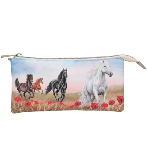 Depesche 13342 Miss Melody Poppy Sand - Schlampertasche in Beige, mit Pferde Motiv und Mohnblumen, Federtasche mit 3 Innenfächern von Depesche