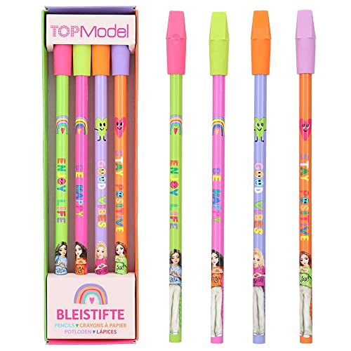 Depesche Top Model 12088 TOPModel-Stifte Set mit 4 Bleistiften in bunten Designs, Härtegrad HB, inkl. Radierer-Topper zum Austauschen, grün, 4 count (Pack of 1) von Depesche