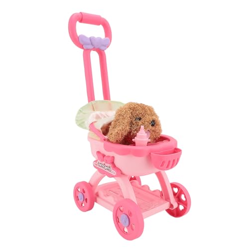 Haustierpuppen-Schiebewagen-Spielzeug, niedlicher Babypuppen-Kinderwagen aus Kunststoff, interaktiver ausgestopfter Plüschhund, der bellen kann, für Kinder, Mädchen, Kinder (Teddy) von Depisuta