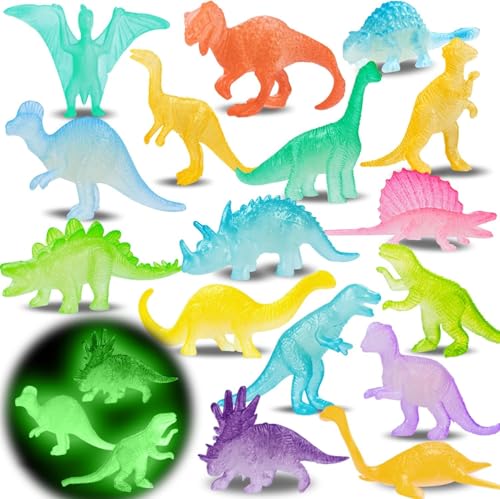 Dereine Dinosaurier Spielzeug Set, 16 Stück Dinosaurier Figuren Kinder, Mini Dinosaurier Figuren, Leuchten Dinosaurier Spielzeug, Realistische Dinosaurier Figur für Jungen Mädchen von Dereine