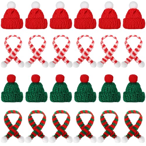 Dereine Mini Weihnachtsmütze, Nikolausmütze Klein, Mini Weihnachtsmütze und Schal Set, 24 Stück Mini-Strickmütze des Weihnachten für Weihnachten Weinflasche Abdeckung, Puppenhaus, Weihnachtsfeiern von Dereine