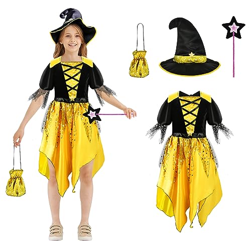 Dereine Hexenkostüm Kinder Mädchen, Kinder Halloween Kostüm Mädchen,Halloween Hexenkostüm Kinder mit Halloween Tüten, Hexenhut,Zauberstab, für Halloween Karneval Cosplay Party (120CM) von Dereine