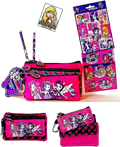 My Little Pony - Equestria Girls - 3 TLG. Schlamper - Etui/Federmäppchen/Stiftetaschen teilbar mit Karabinerhaken + 2 Bleistifte + 12 Sticker - Schlamper Set für die Schule von Derform