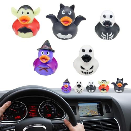 Derwrtup Halloween-Bade-Entenspielzeug,Halloween-Enten,Halloween Duckie Puppenset | Auto- und Heimdekoration, Ton- und Wasserspiel-Cartoon-Puppe, 5 x Halloween-Dekoration für Halloween-Partygeschenke von Derwrtup