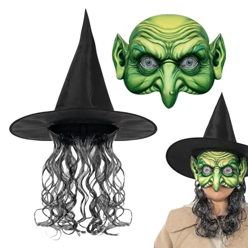 Derwrtup Hexenhut-Kostüm für Damen, schwarzer Hexen-Perückenhut,Halloween-Hexe-Kostüm-Set - Damen Cosplay Requisiten Maskerade Set Vielseitiges Rollenspielkostüm für Spukhaus von Derwrtup