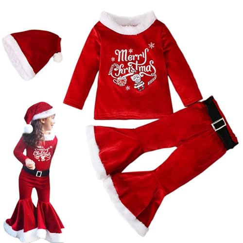 Derwrtup Weihnachtselfen-Outfits für Mädchen,Weihnachtsmann-Kostüm, langärmeliger Samtpullover, Glockenboden, Weihnachtsmannmütze - Weiches Samt-Weihnachtsmann-Cosplay-Oberteil mit Schlaghose für von Derwrtup