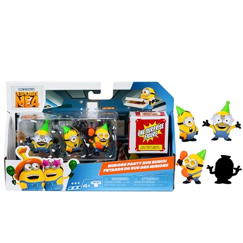 MINIONS Ich – Einfach unverbesserlich 4, Packung mit 4 Figuren Partybus-Truppe. 5,8 cm große Sammelfiguren. Packung enthält 3 sichtbare Figuren Plus 1 versteckte Überraschungsfigur von MINIONS