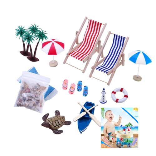 16pcs Strand Deko Miniatur Set,Strand Mikrolandschaft,Miniatur Deko Strand,DIY Strand-Mikrolandschaft,Miniliegestuhl Strandkorb Sonnenschirm Kleine Palme Deko,Mini-Strand-Set,für DIY Garten Dekoration von Detontek