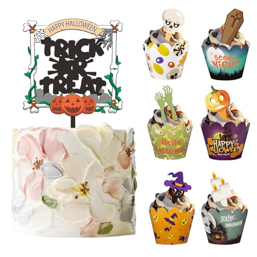 49 Stück Halloween cake Dekorationen, Halloween Cupcake Topper, Halloween Cupcake Deko,1 Stück Große Kuchendekoration+ 24 Halloween Cupcake Wrappers + 24 Muffin Deko, für Halloween-Mottopartys von Detontek