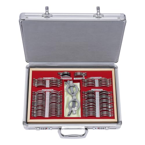 Linsen mit Testbrille Testlinsenausrüstung, Silberfarbene Box 104 Pcs Metal Optometry Testlinsen Optical Trial Lens Set, für Optiker Sehzentren Krankenhäuser 38x27x6cm von Dettchan