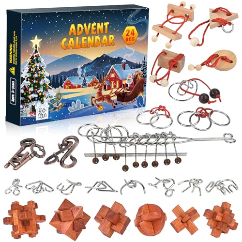 Adventskalender 2024 Gehirn-Teaser-Puzzles für Erwachsene, Teenager, Kinder, 24 Stück, Metall- und Holzpuzzle, Weihnachts-Countdown-Kalender mit lustigen Herausforderungen, Spielzeug-Spiel, von Detukna