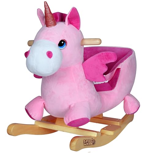 DEUBA® Schaukeleinhorn Schaukeltier Plüsch Schaukel Wippe Pferd Einhorn Kinder Baby Spielzeug Sound-Geräusche inkl. Sicherheitsgurt Balancetraining besonders weich von Deuba