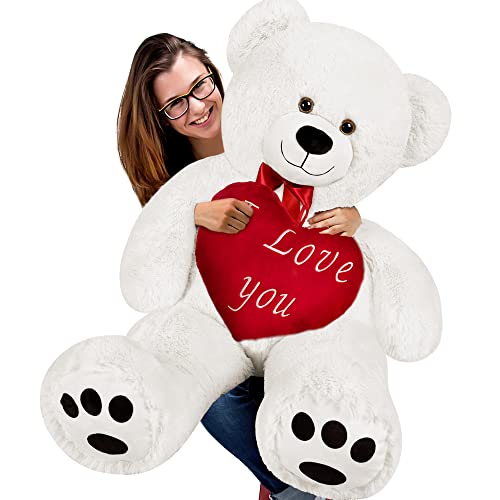 Deuba Teddy | Valentinstag | XL 100cm | Weiß | inkl. Herzkissen Ø 26cm | Teddybär Kuscheltier Stofftier Plüschbär von Deuba