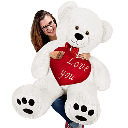 Deuba Teddy Valentinstag XXL 150cm Weiß inkl. Herzkissen Ø 32cm Teddybär Kuscheltier Stofftier Plüschbär von Deuba