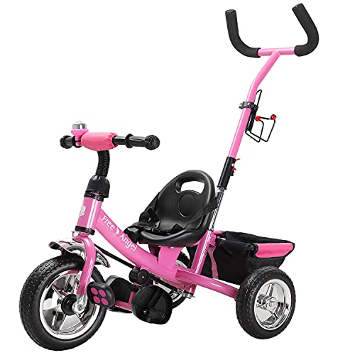 SPIELWERK® Dreirad 2in1 mit Schubstange ab 1 Jahr Getränkehalter Kinderdreirad Klappbare Fußablage Baby Buggy Laufrad Kinderwagen Kleinkind Rosa von Spielwerk