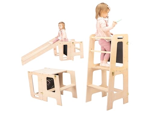 DeveKids 3-in-1 Lernturm mit Rutsche - Verwandelt Sich in einen Tisch, inklusive Tafel, für Kinder ab 1 Jahr, Tragkraft bis zu 105kg, Modell KLOK2, Lackiertes Holz von DeveKids