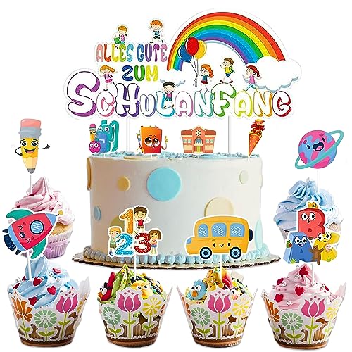 12 Stück Schulanfang Cupcake Topper, Schulkind Tortendeko, Tortendeko Einschulung ABC 123 Cupcake Torte Deko für Schulkind, Junge und Mädchen Schulanfang Party Dekoration von Devenirriche