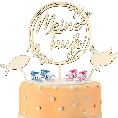 3 Pcs Cake Topper Taufe Holz, Meine Taufe Torten Topper Taube Fisch Kuchen Deko Tortendeko Party Dekoration für Junge, Mädchen, Taufe, Babyparty, Babydusche von Devenirriche