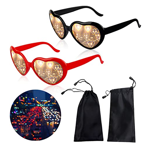 3D Herz-Effekt Beugungsbrille, 2 Stück herzförmige Spezialeffekt-Mode Brillen für Erwachsene und Kinder Party Kostüm Musik Festival Bar Feuerwerk (Schwarz + Rot) von Devenirriche