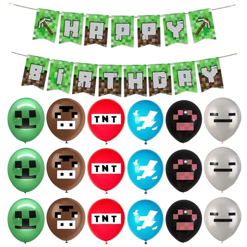 Minecraft-Luftballons Geburtstagsdeko, 18 Miner Gamer Ballon und Happy Birthday Banner, Game Party Supplies, Miner Gamer Thema Party Geburtstagsdeko für Kinder Jungen Mädchen Geburtstagsfeier Deko von Devenirriche