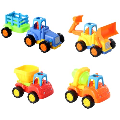 Dewocke 4er-Pack Push-and-Go-Baufahrzeuge für Kinder, Traktor, Betonmischer, Kipper, Bagger, Reibungsgetrieben, BPA-frei, Spielzeugautos ab 3 Jahre von Dewocke