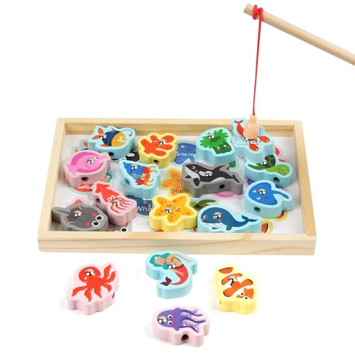 Dewocke Angelspiel, Montessori Magnetisches Holzspielzeug ab 2 Jahre, Motorikspielzeug Fische Angeln Lernen Feinmotorik, Farbzuordnungs-Puzzle und Perlenkette, Lernspielzeug Geschenk für Kinder von Dewocke