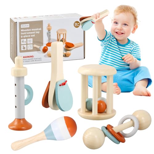 Dewocke Baby Kinder Musikinstrumente Spielzeug, 5-Teiliges Montessori-Holzspielzeug, Percussion Set Mit Maracas, Baby Musik-Holzspielzeug ab 6 9 12 Monate, Baby Geschenk Geburtstag Weihnachten von Dewocke