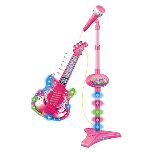 6 String Electric Play Guitar & Microphone Set, Kids Guitar & Extendable Microphone Musical Toy, Guitar & Microphone Set W/ Adjustable Stand Musical Toy Colorful Light-Up Effects Giftx For Kids Age 5+ von Dgayaeic