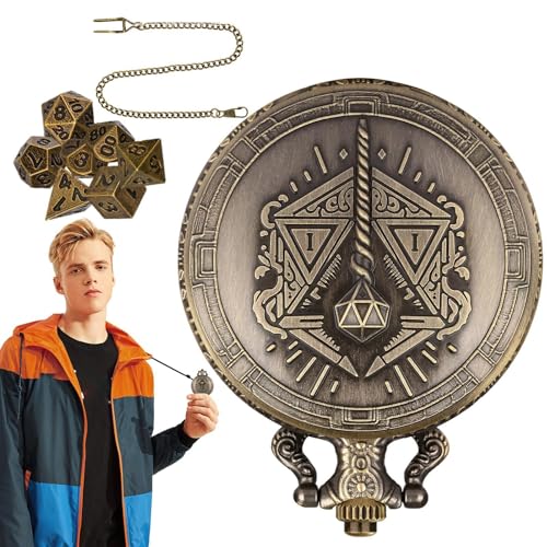 Dgayaeic Würfel-Taschenuhr, Würfel-Set-Halskette - Polyedrisches Würfelspielzeug mit Taschenuhr-Muschel, tragbares Würfelset,7-teiliges Metallwürfel-Brettspiel Steampunk-Würfelzubehör für RPG von Dgayaeic