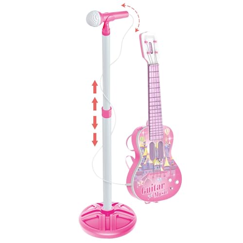 Guitar and Mic Play Set, Guitar Toys with Music & Colorful Lights, Electric Guitar Set, 6 String Pink Electric Play Guitar & Mic Set with Adjustable Stand Musical Toy Ideal Present for Girls Aged 5+ von Dgayaeic