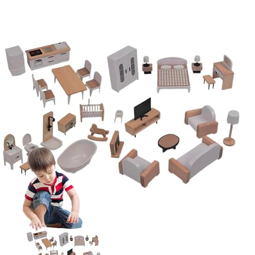 Wooden Doll House Furniture Set, Doll House Accessories Pretend Play Furniture Toys, Wooden Miniature Doll House Accessories & Furniture Complete Doll House Decor Wonderful Gift For Boys, Girls Age 3+ von Dgayaeic