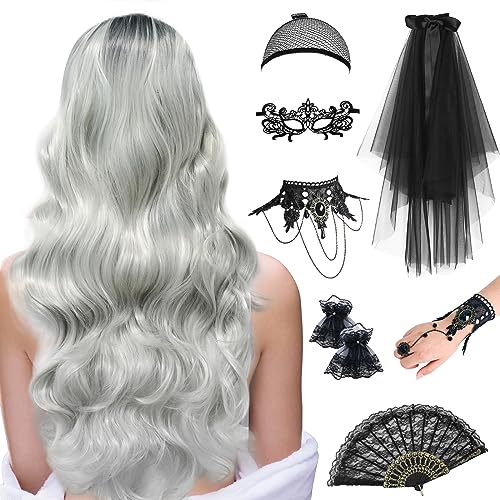 Halloween Perücke Damen Grau, 68cm Grau Lange Gewellte Locken, Graue Perücke Damen mit Gotisch Halskette Armbänder Schleier, Handfächer, Manschetten, Maske für Halloween Karneval, Fasching, Mottoparty von Dhnvcud