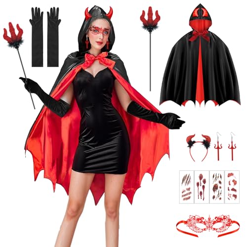 Dhnvcud Teufel Kostüm Damen, Halloween Kostüm Damen Vampir Umhang Faschingskostüme Damen, Frauen Teufelkostüm Teufel Umhang Damen für Karneval Masquerade, Halloween, Cosplay von Dhnvcud